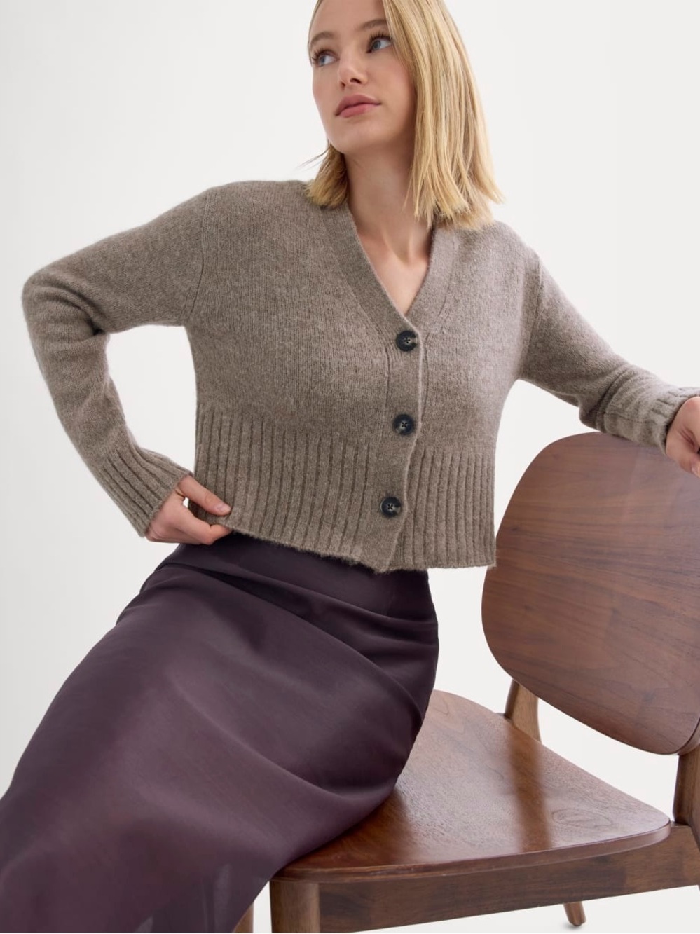 Everlane Taupe Melange High V Cropped Cardigan Alpaca Wool Blend Size XXS NWT